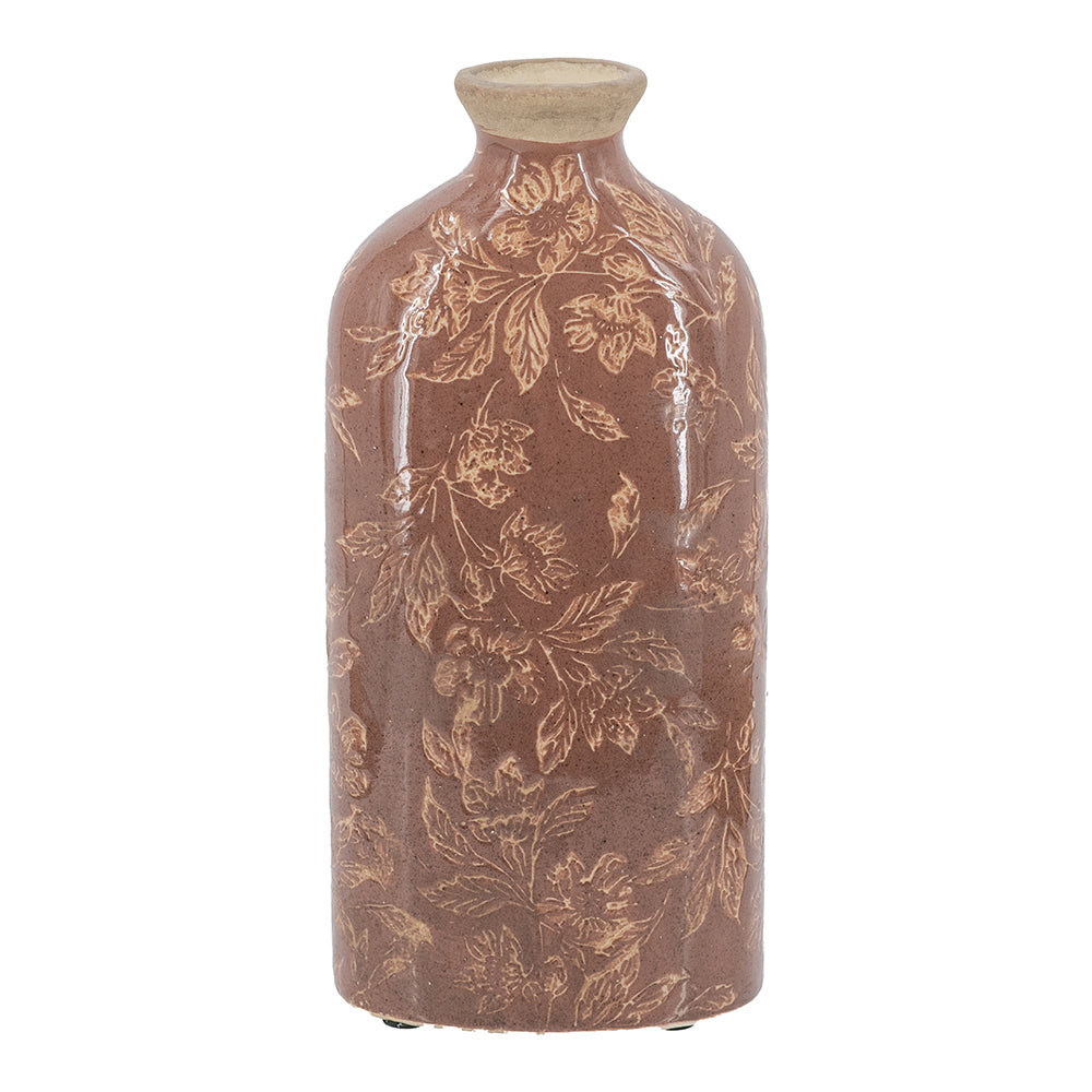 4.7x3x10' Red Ceramic Accent Vase with Floral Motif