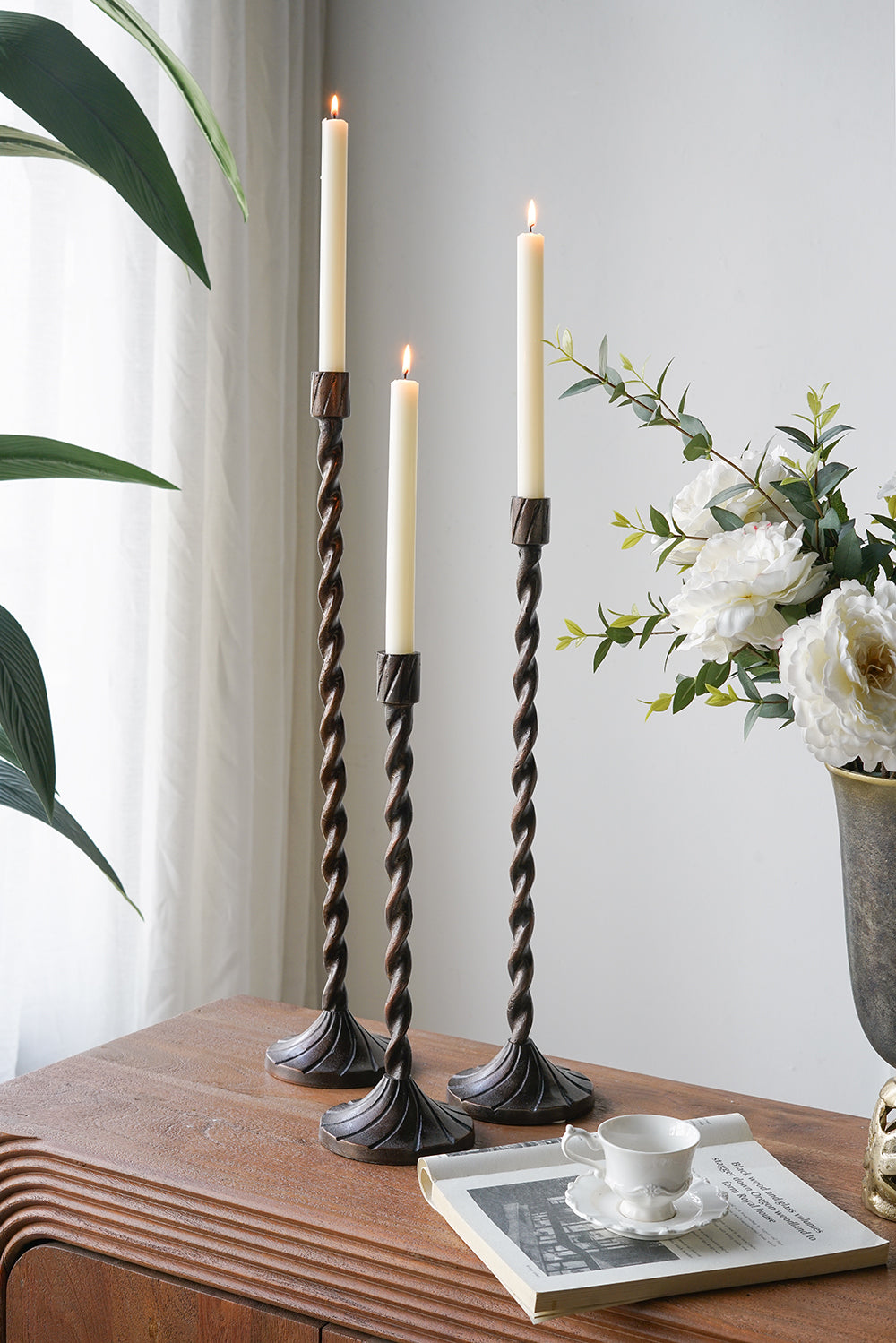 Set of 3 Handcrafted Aluminum Taper Candle Holders, L:D4.75x23.5'  M:D4.75x19.5'  S:D4.75x15'