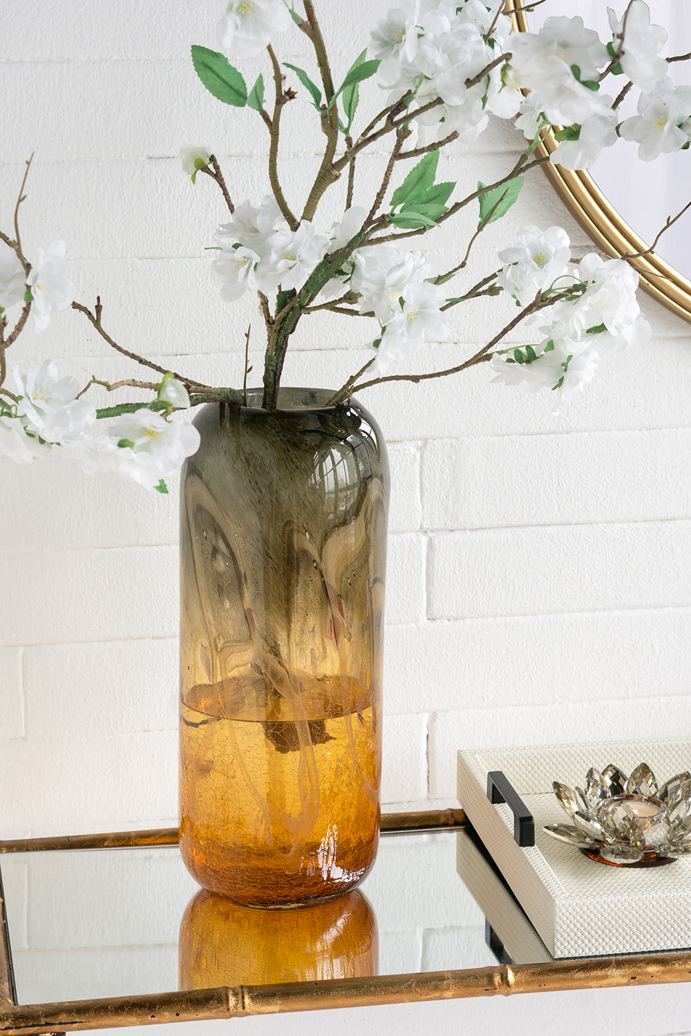 5.7x5.7x15' Round Glass Vase with Amber and Gray Gradient Design
