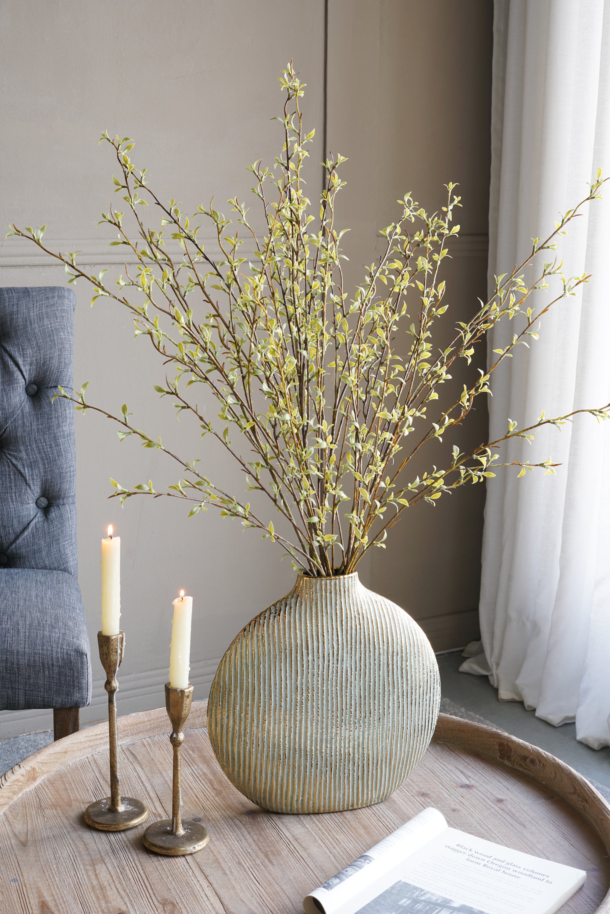 12.2x2.8x12.4' Gold Ceramic Accent Vase with Vertical Ribbed Texture