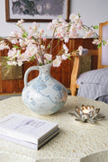 10.5x10.5x12.2' Bulbous Blue and White Ceramic Pitcher Vase with Abstract Floral Pattern
