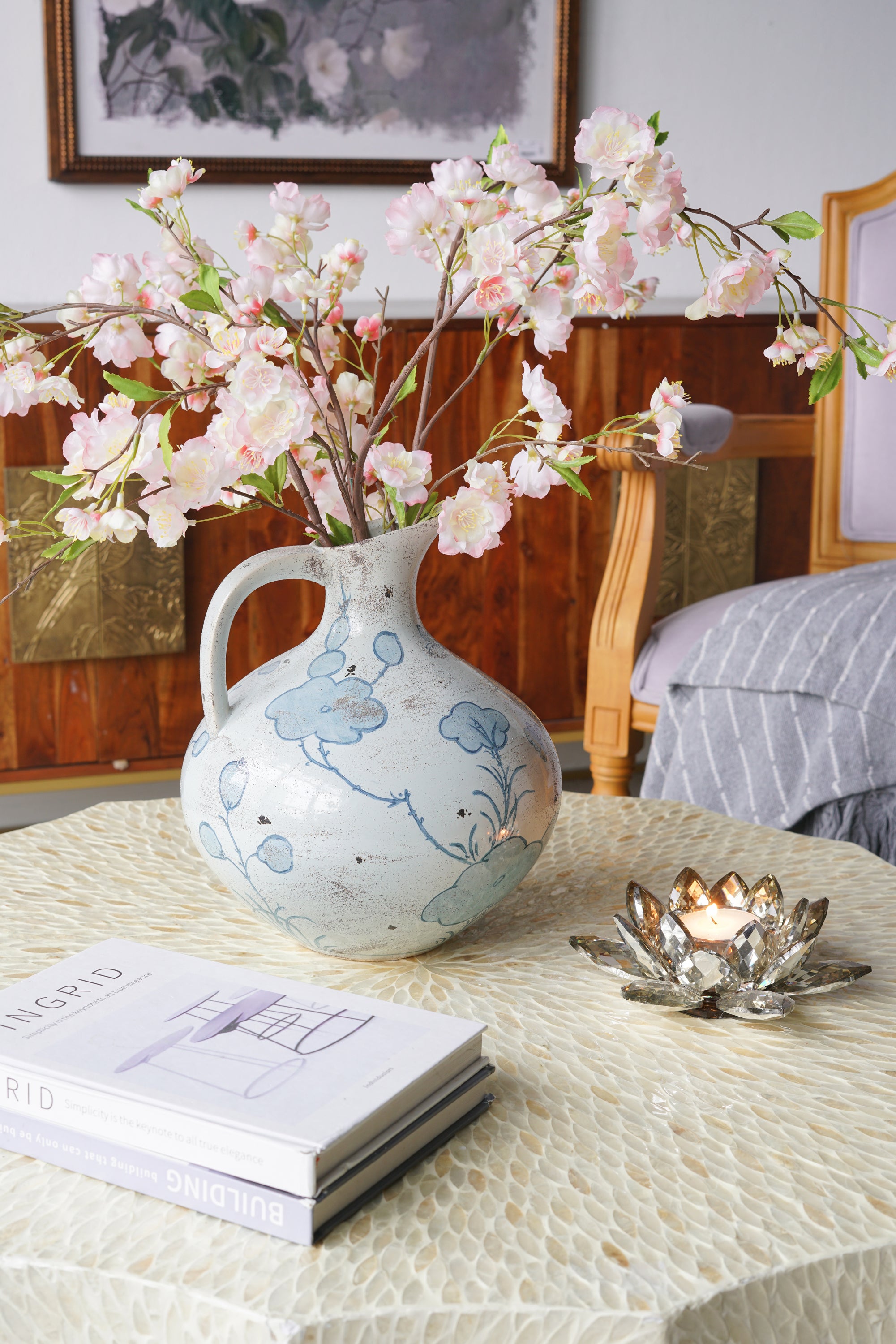 10.5x10.5x12.2' Bulbous Blue and White Ceramic Pitcher Vase with Abstract Floral Pattern