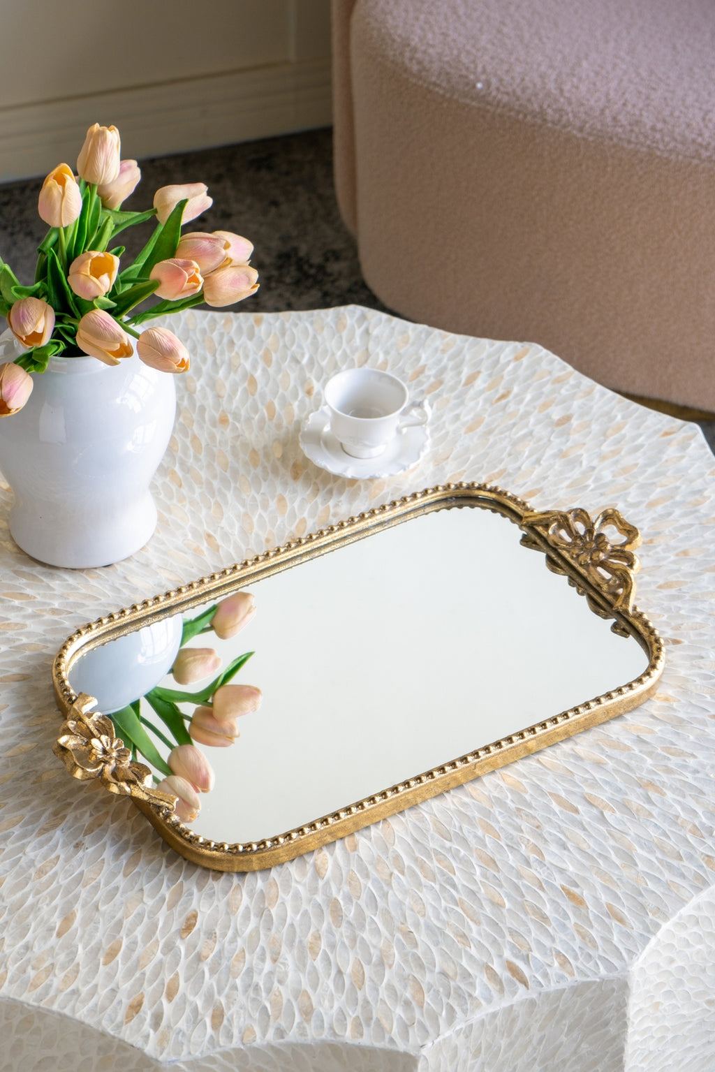 21.3x1.7x11.8' Ornate Gold Iron Tray with Mirrored Surface