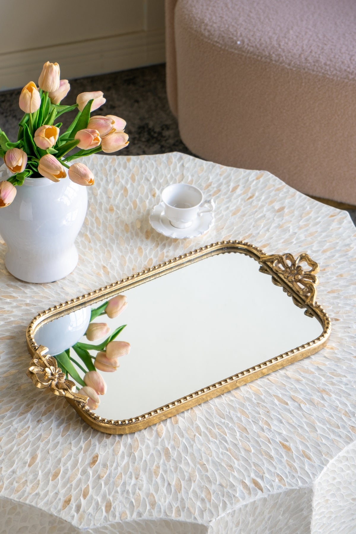 21.3x1.7x11.8' Ornate Gold Iron Tray with Mirrored Surface