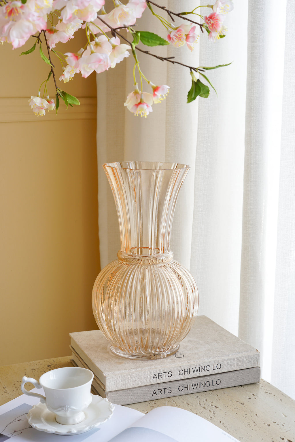 D6.3x11.4'H  Amber Glass Accent Vase with Ribbed Texture and Flared Neck