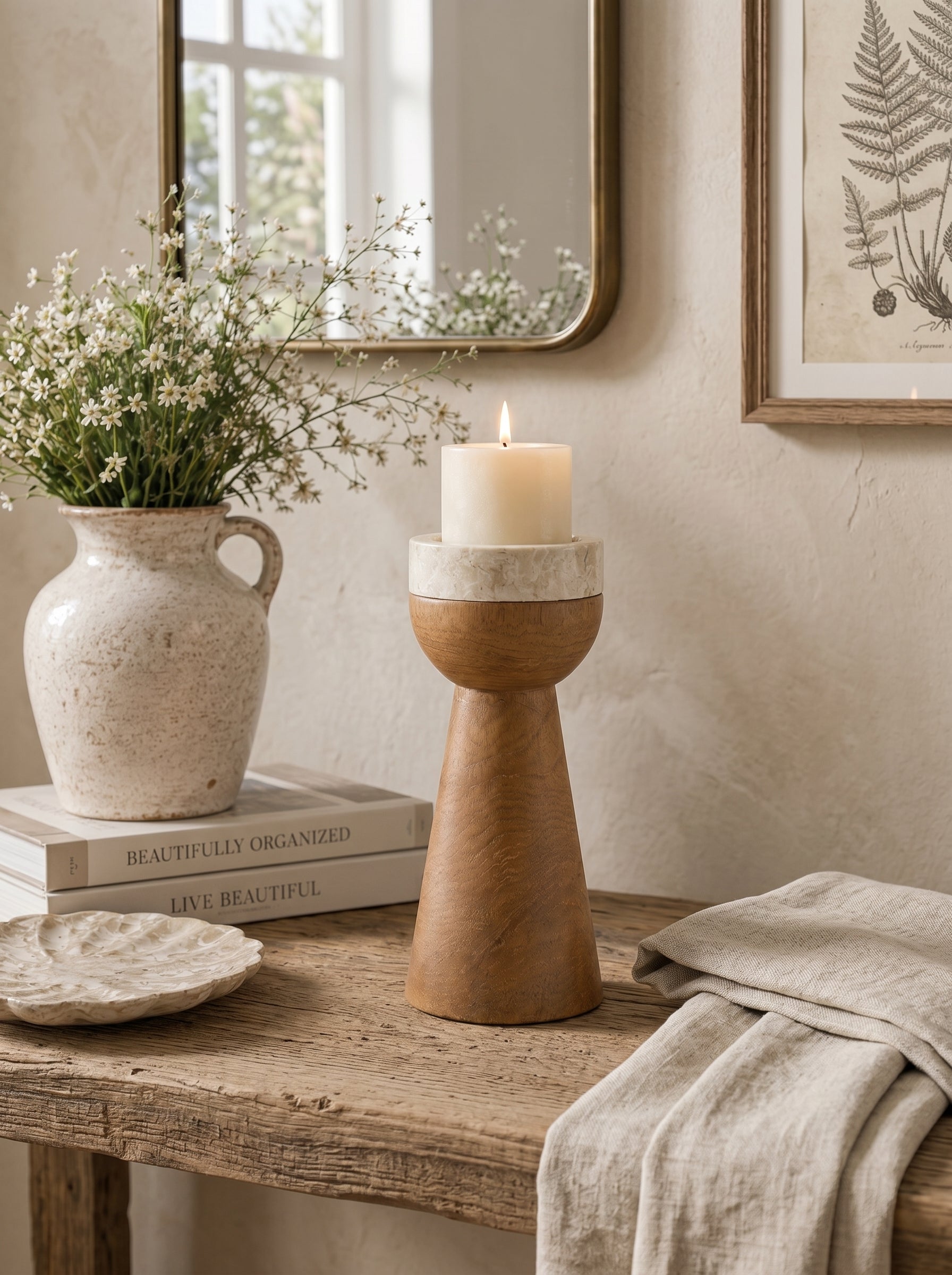 3.9x3.9x11' Teak Wood and Marble Tapered Candle Holder