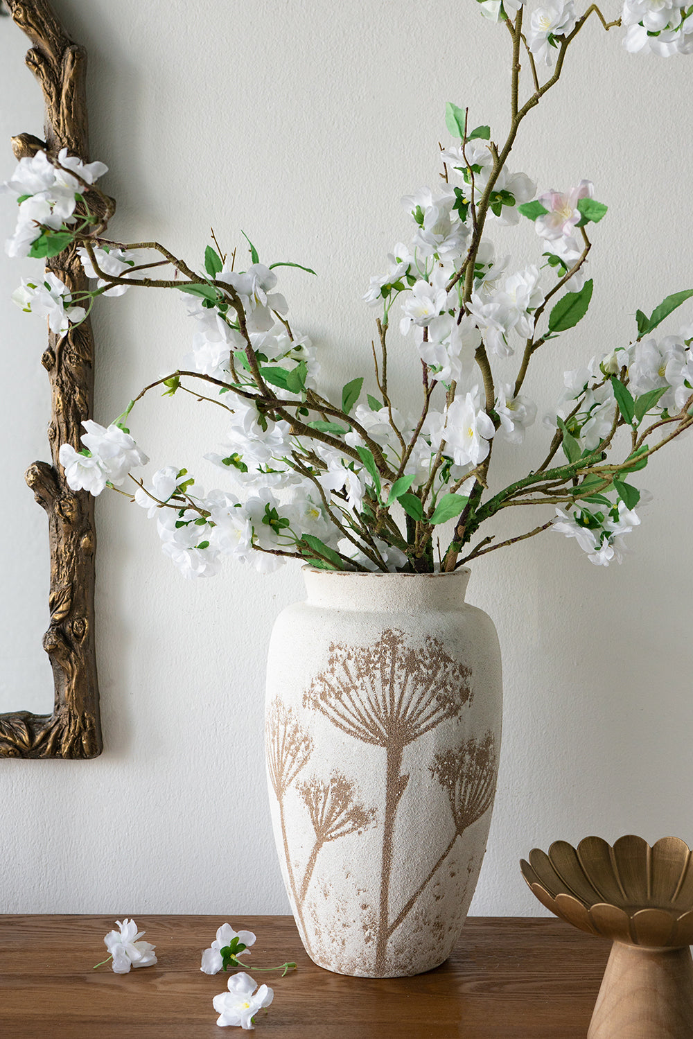 7.9x7.9x13.8' White Ceramic Cylinder Vase with Brown Botanical Design