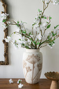 7.9x7.9x13.8' White Ceramic Cylinder Vase with Brown Botanical Design