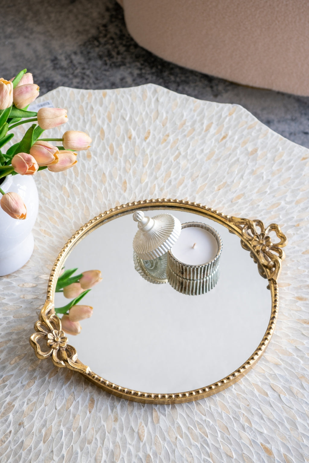 18x2x15' Round Iron Tray with Ornate Gold Frame and Mirrored Surface