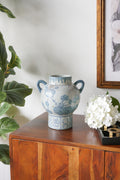 8.7x7.2x9.4' Blue and White Ceramic Vase with Abstract Floral Pattern and Handles