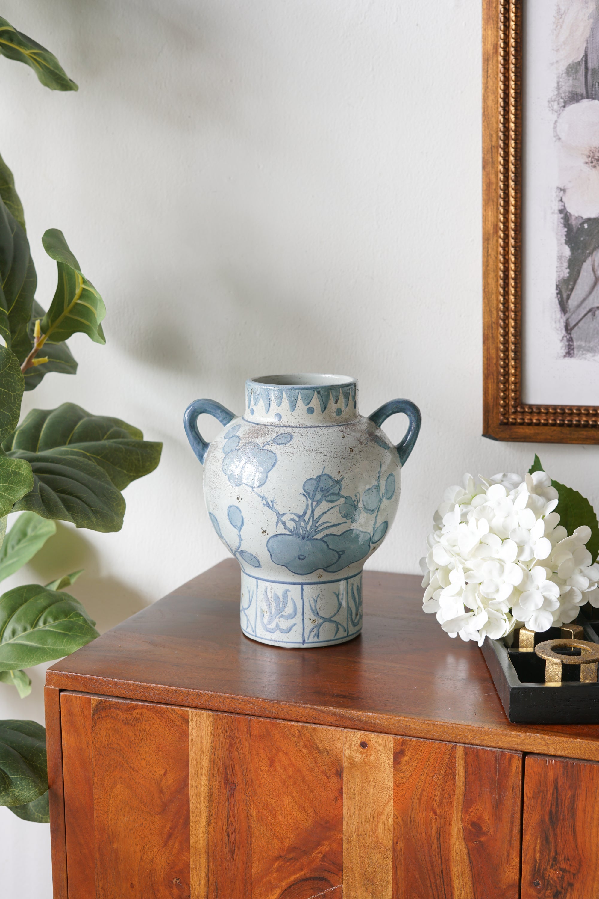 8.7x7.2x9.4' Blue and White Ceramic Vase with Abstract Floral Pattern and Handles