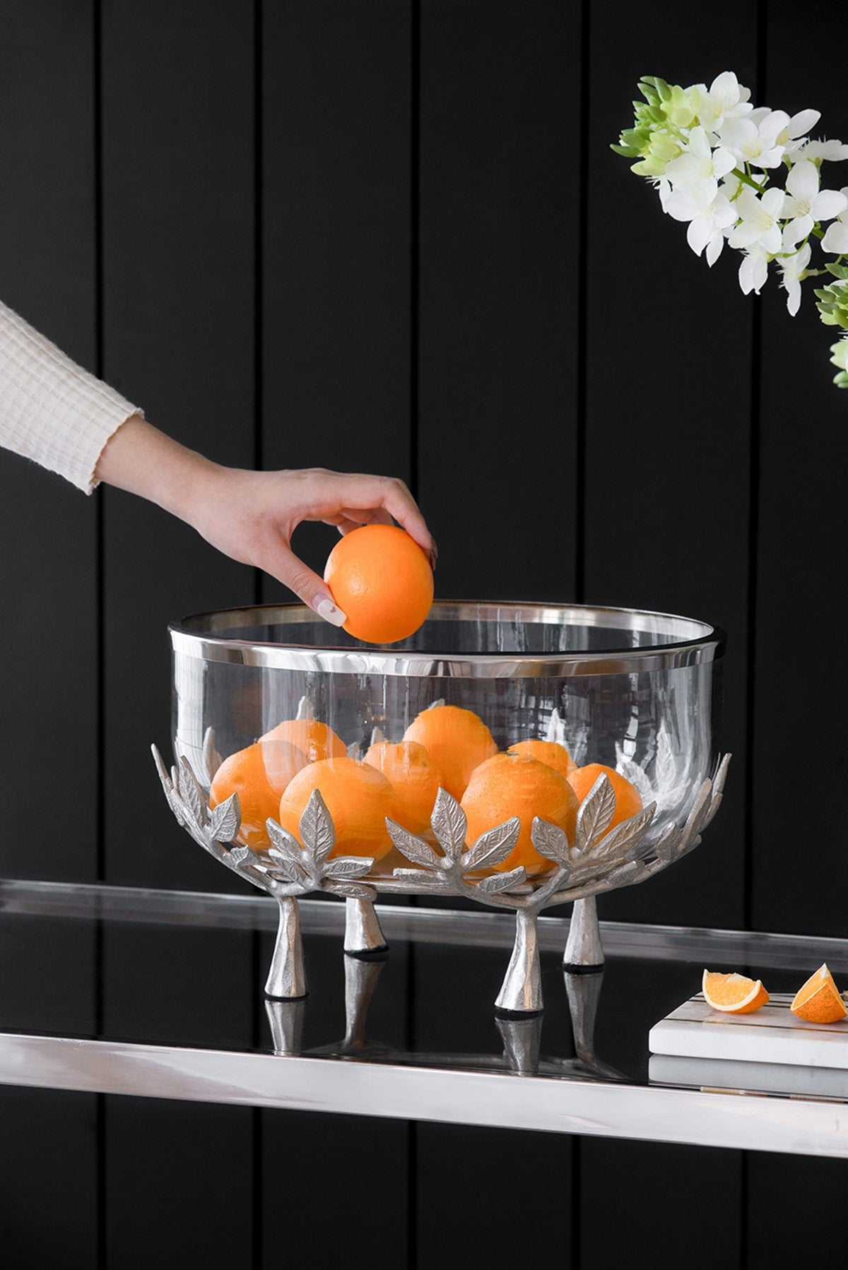13.4x13.4x8.7' Silver Decorative Aluminum and Glass Bowl with Floral Legs