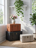 Set of 3 Decorative Wood Trunks with Faux Leather Straps - Vintage Style Luggage Trunks for Bedroom or Living Room