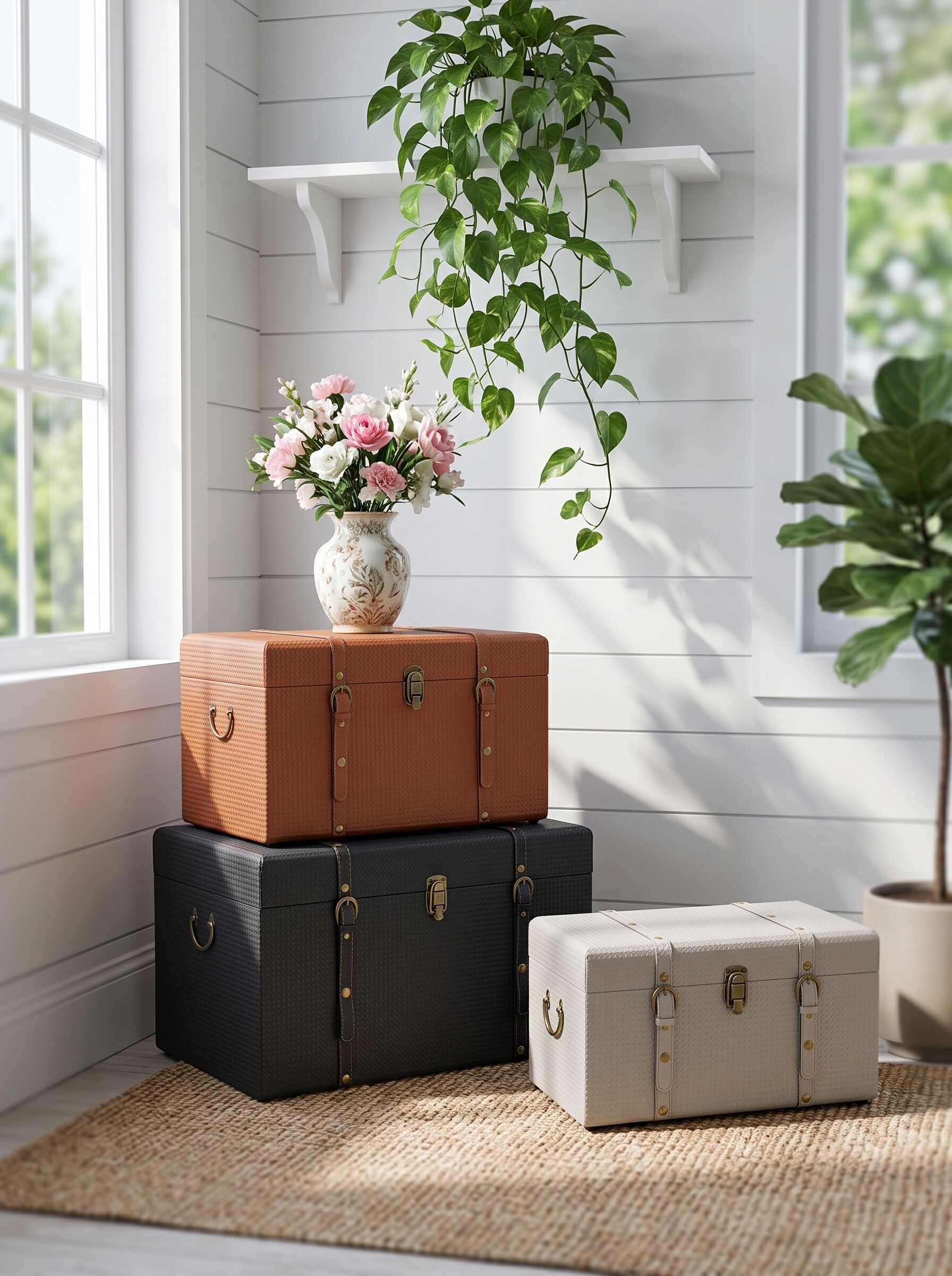 Set of 3 Decorative Wood Trunks with Faux Leather Straps - Vintage Style Luggage Trunks for Bedroom or Living Room