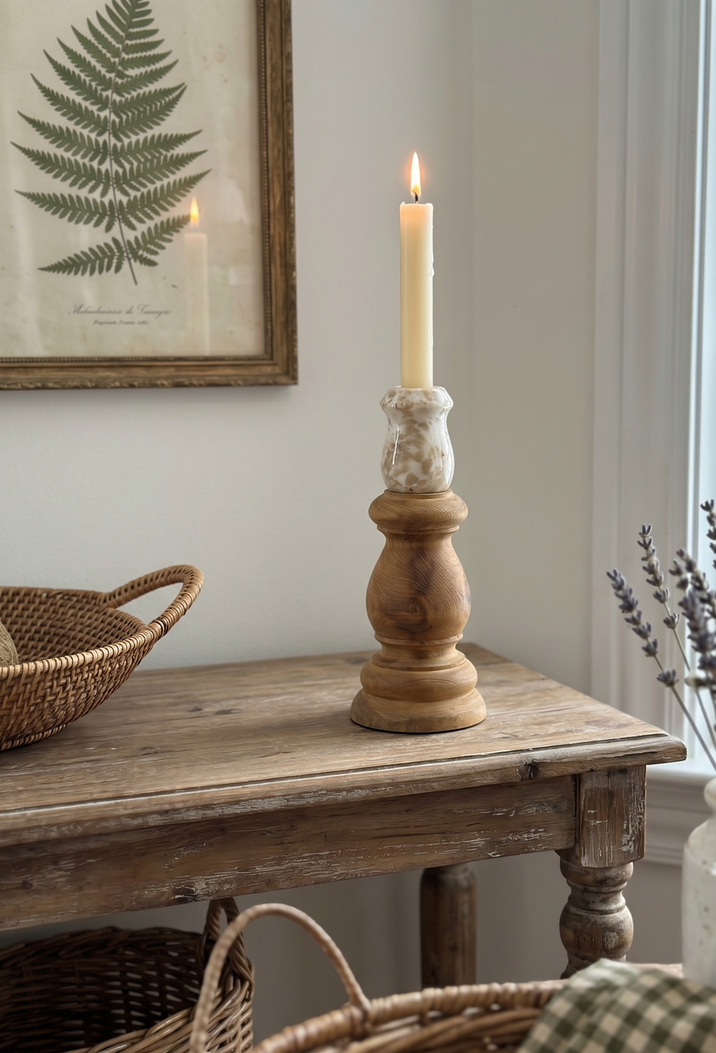 3.9x3.9x9.8' Teak Wood and Marble Candle Holder