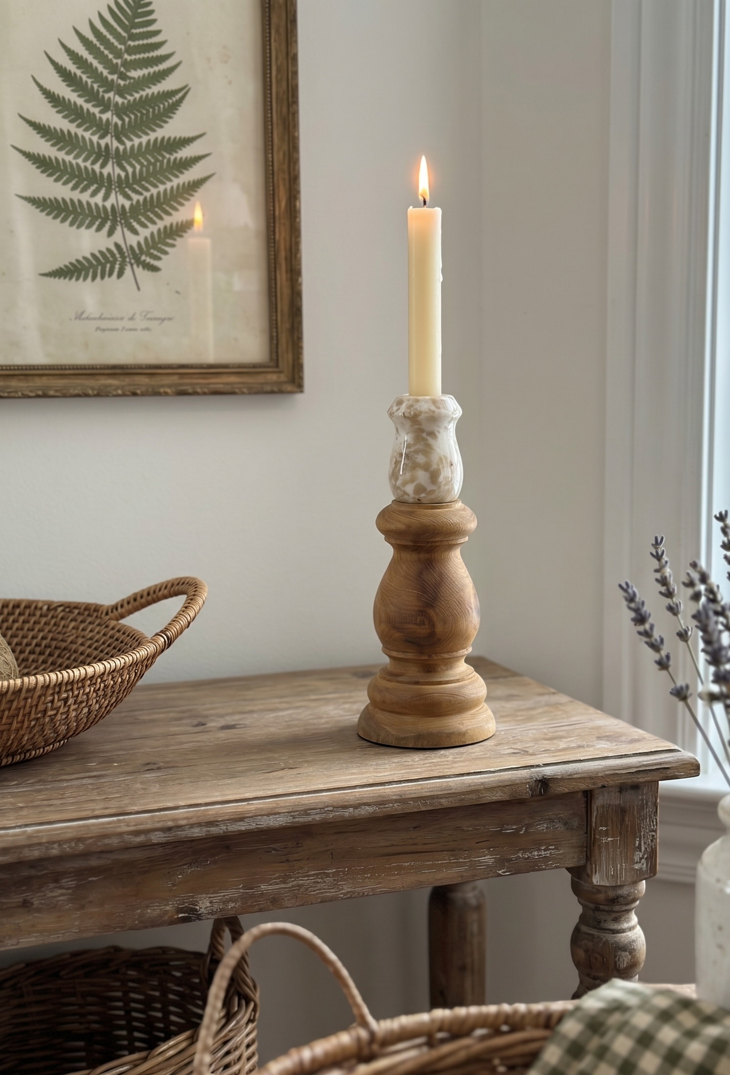 3.9x3.9x9.8' Teak Wood and Marble Candle Holder