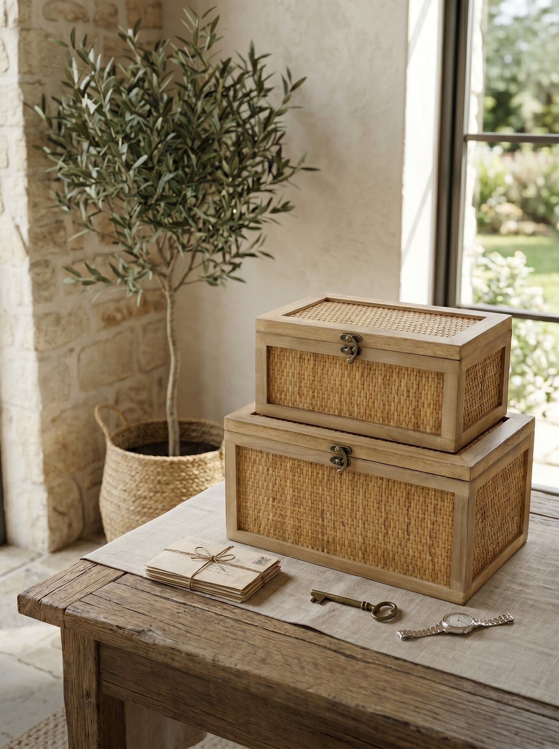 Set of 2 Woven Rattan Decorative Boxes Wood Boxes, L:12x7.5x6'  S:10x5.5x4.5'