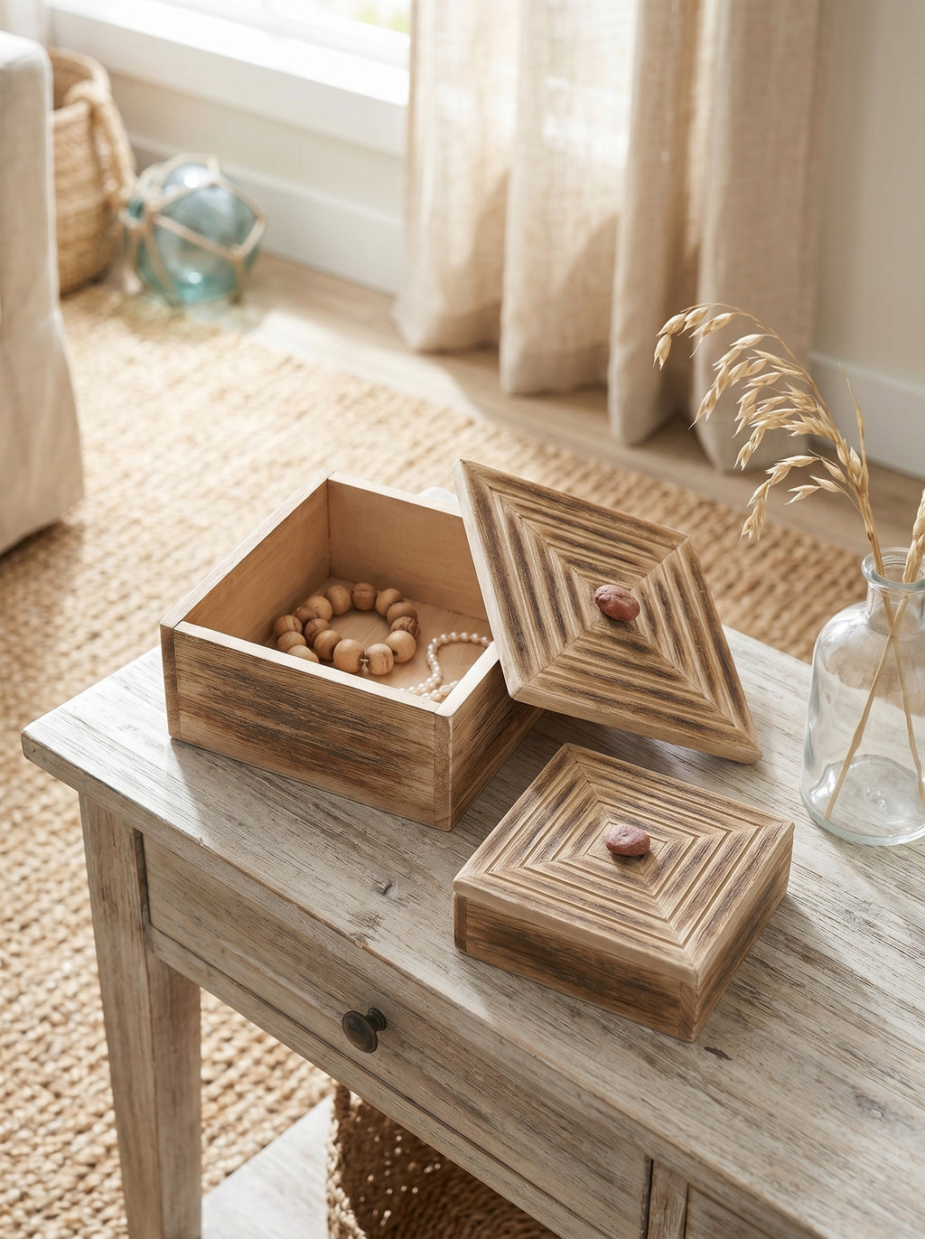 Set of 2 Rustic Carved Paulownia Wood Decorative Box, L:8x8x5' S:6.5x6.5x3'