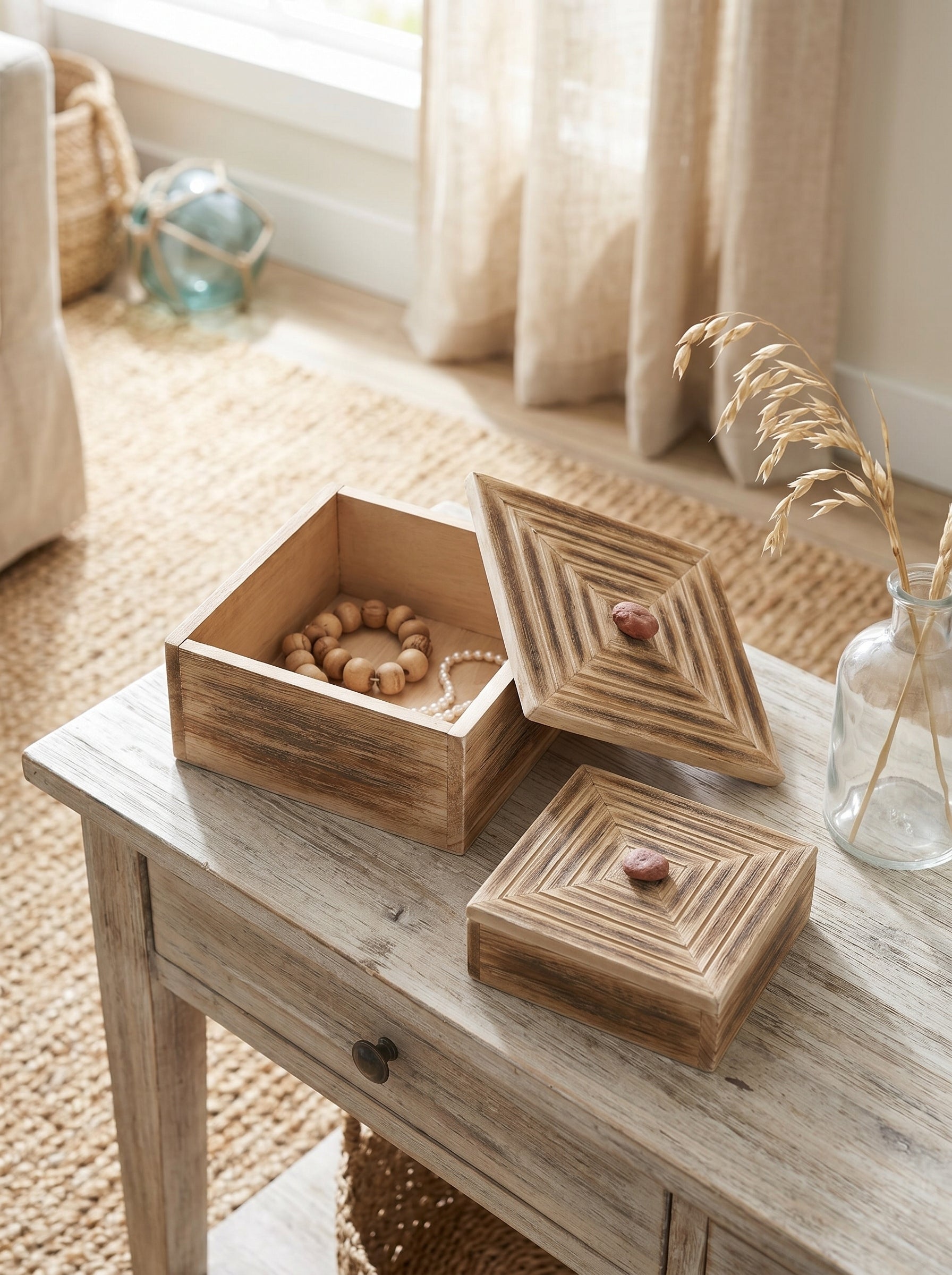 Set of 2 Rustic Carved Paulownia Wood Decorative Box, L:8x8x5' S:6.5x6.5x3'