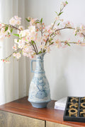 7x7x16.5' Tall Blue and White Ceramic Pitcher Vase with Abstract Floral Pattern