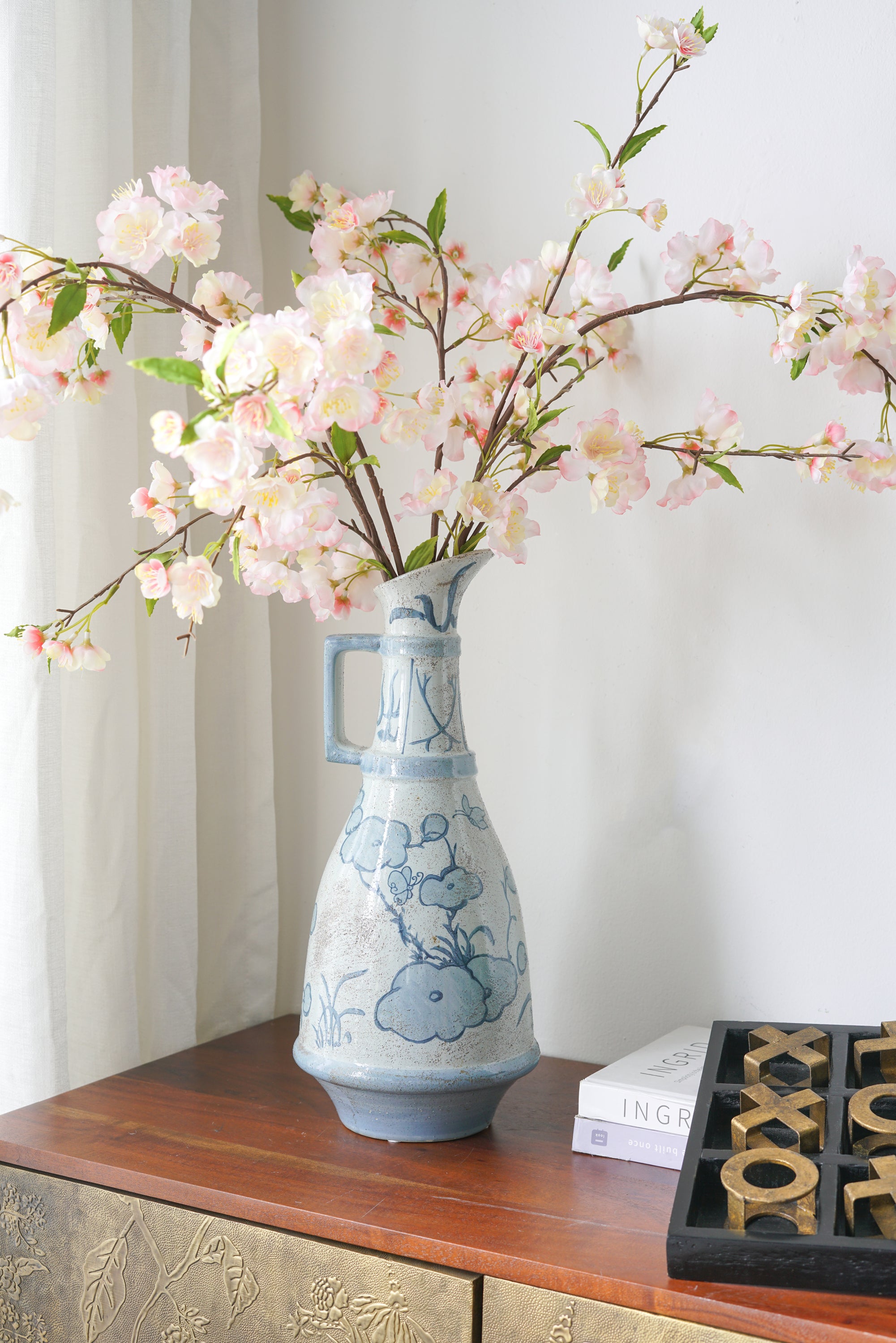 7x7x16.5' Tall Blue and White Ceramic Pitcher Vase with Abstract Floral Pattern