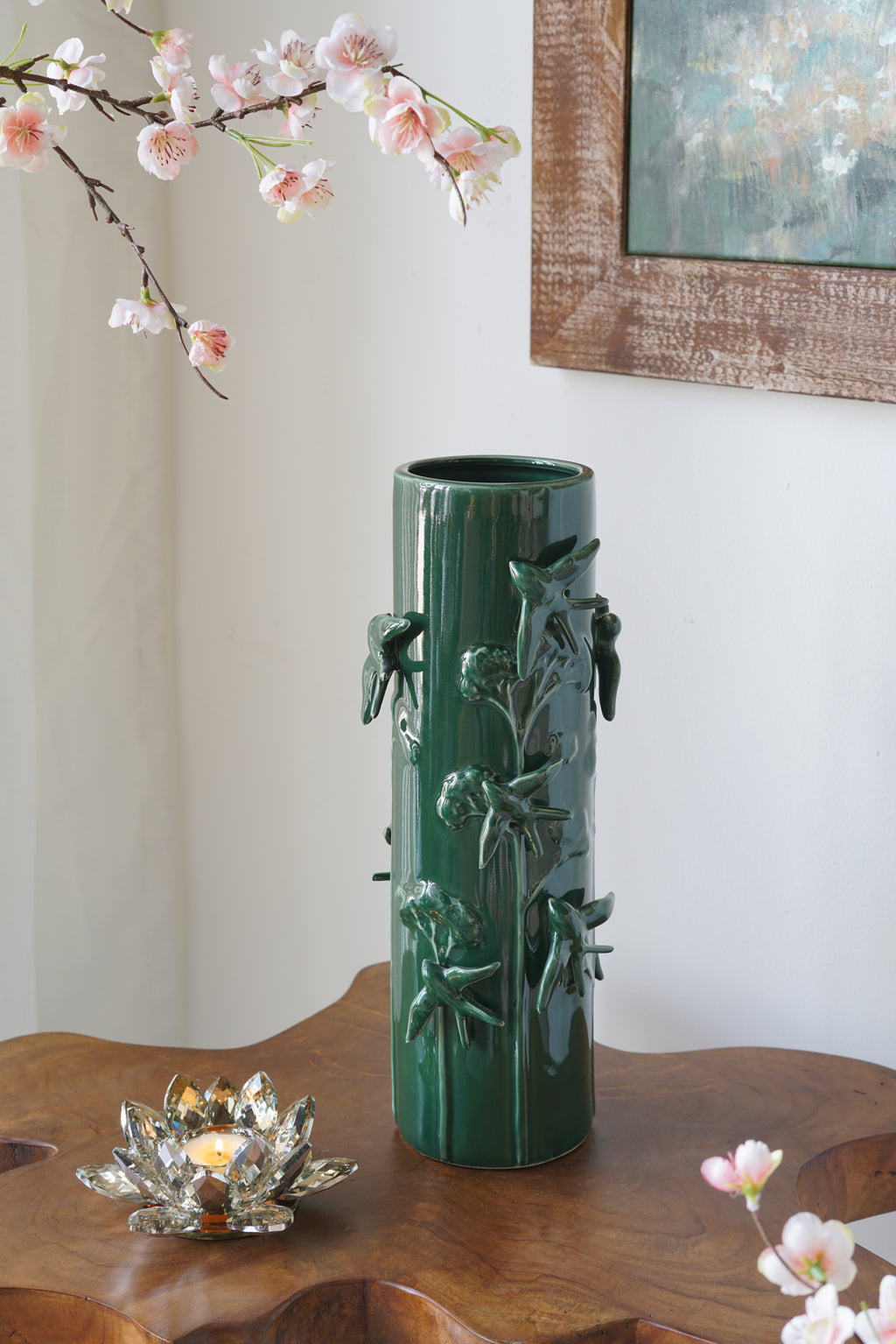 D5.7x14.8' Tall Green Ceramic Vase with Sculpted Birds and Vines Design