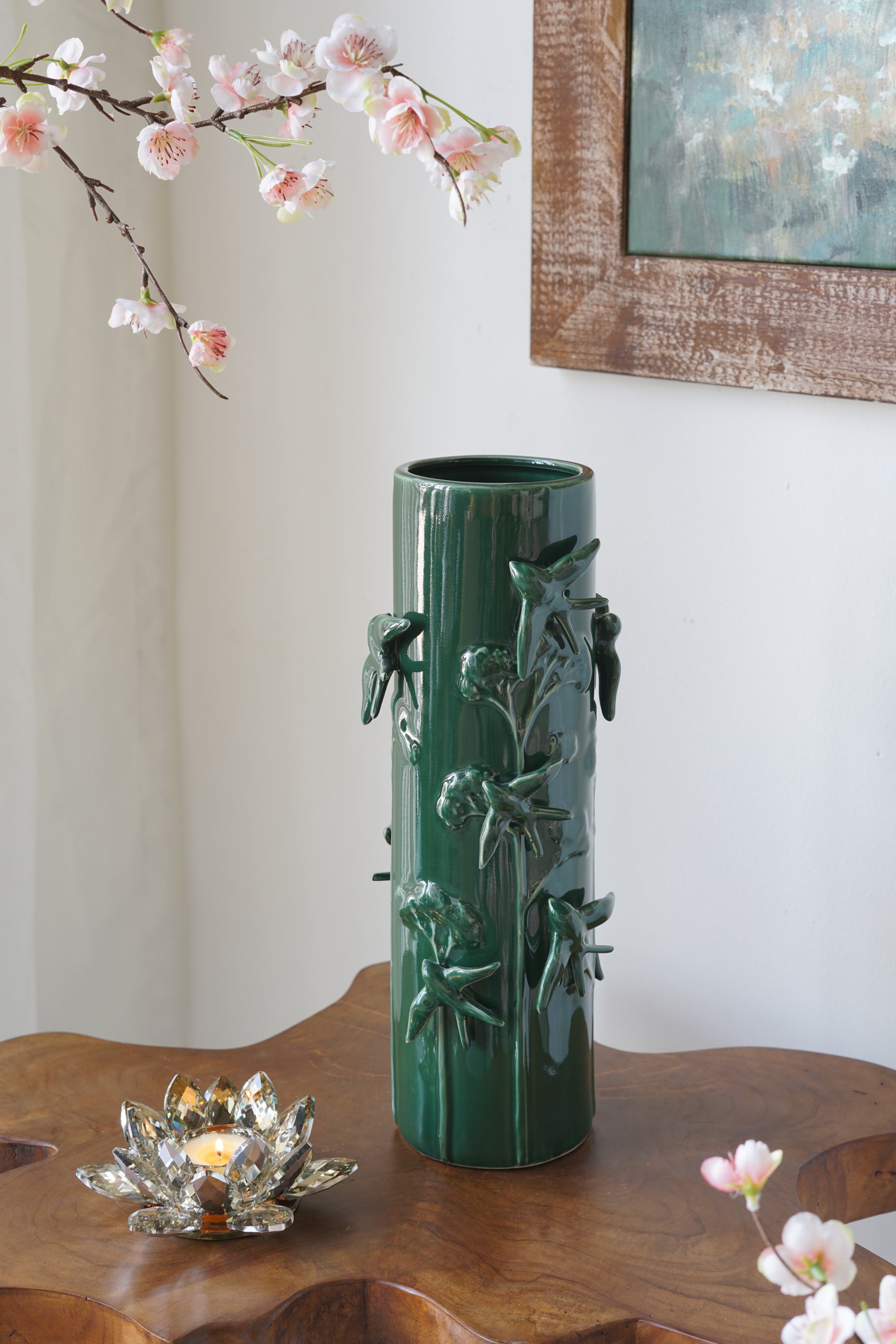 D5.7x14.8' Tall Green Ceramic Vase with Sculpted Birds and Vines Design