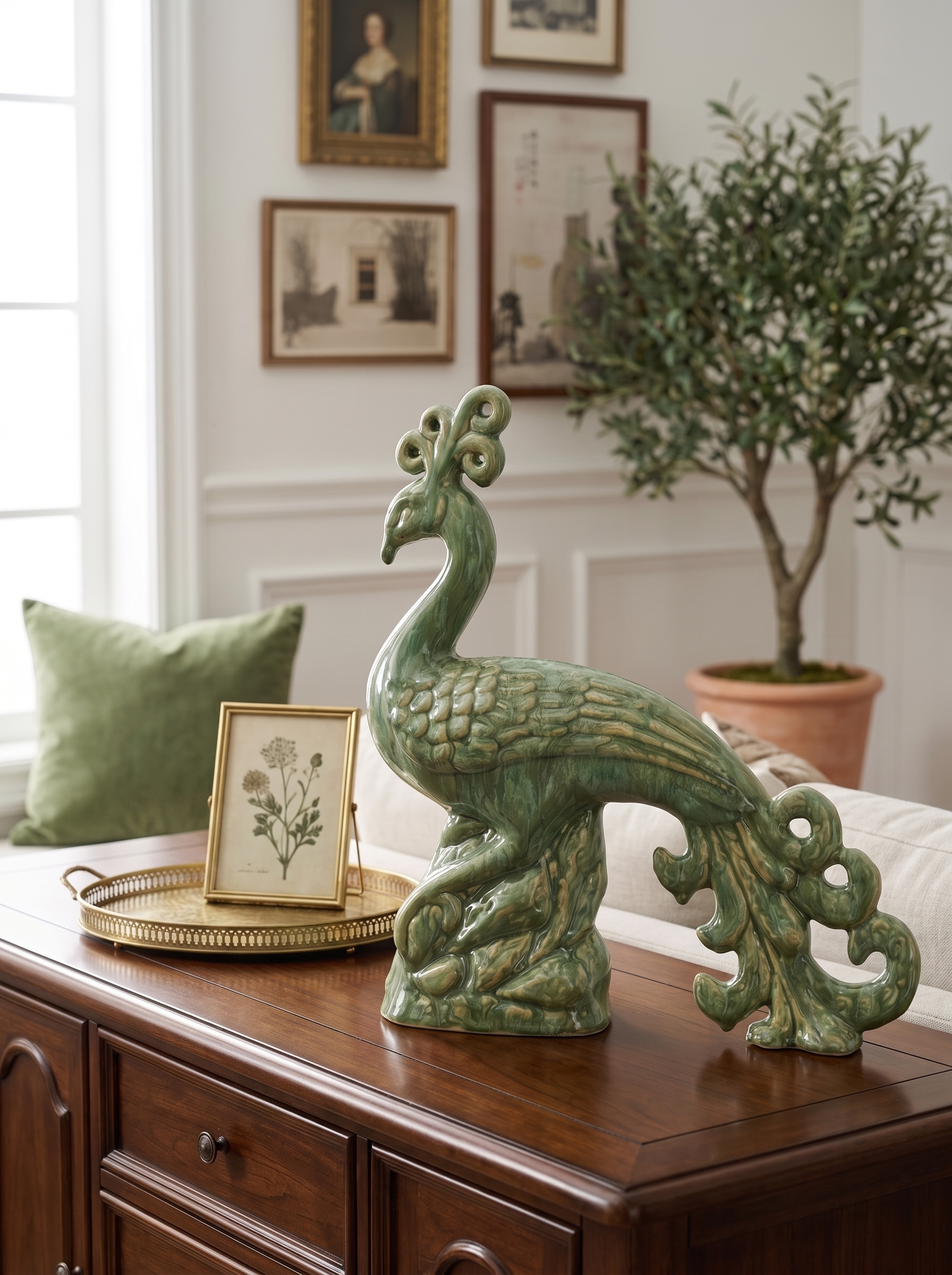 13.2x3.7x14' Ceramic Peacock Sculpture