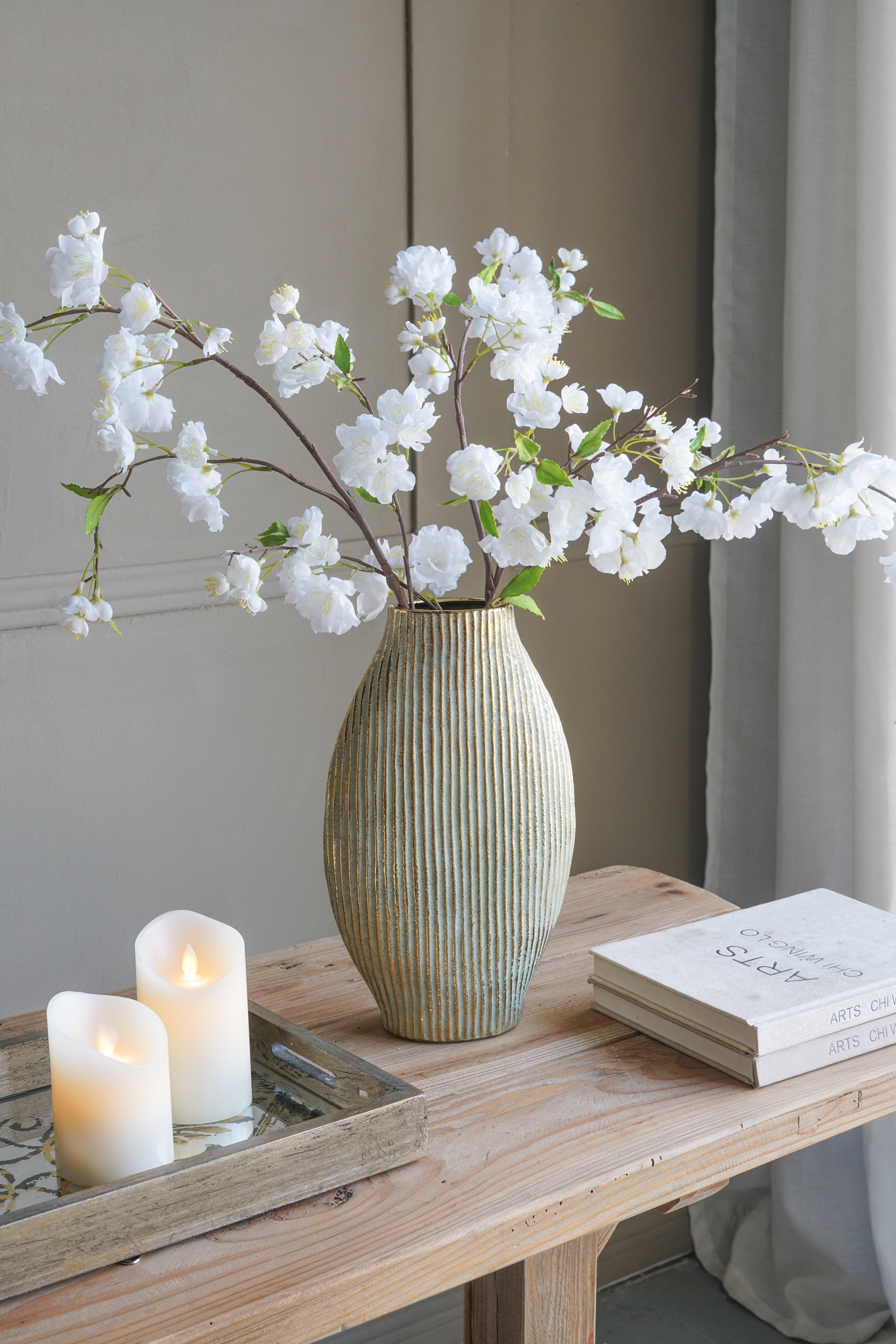 7.9x3.3x13' Gold Ceramic Accent Vase with Vertical Ribbed Texture