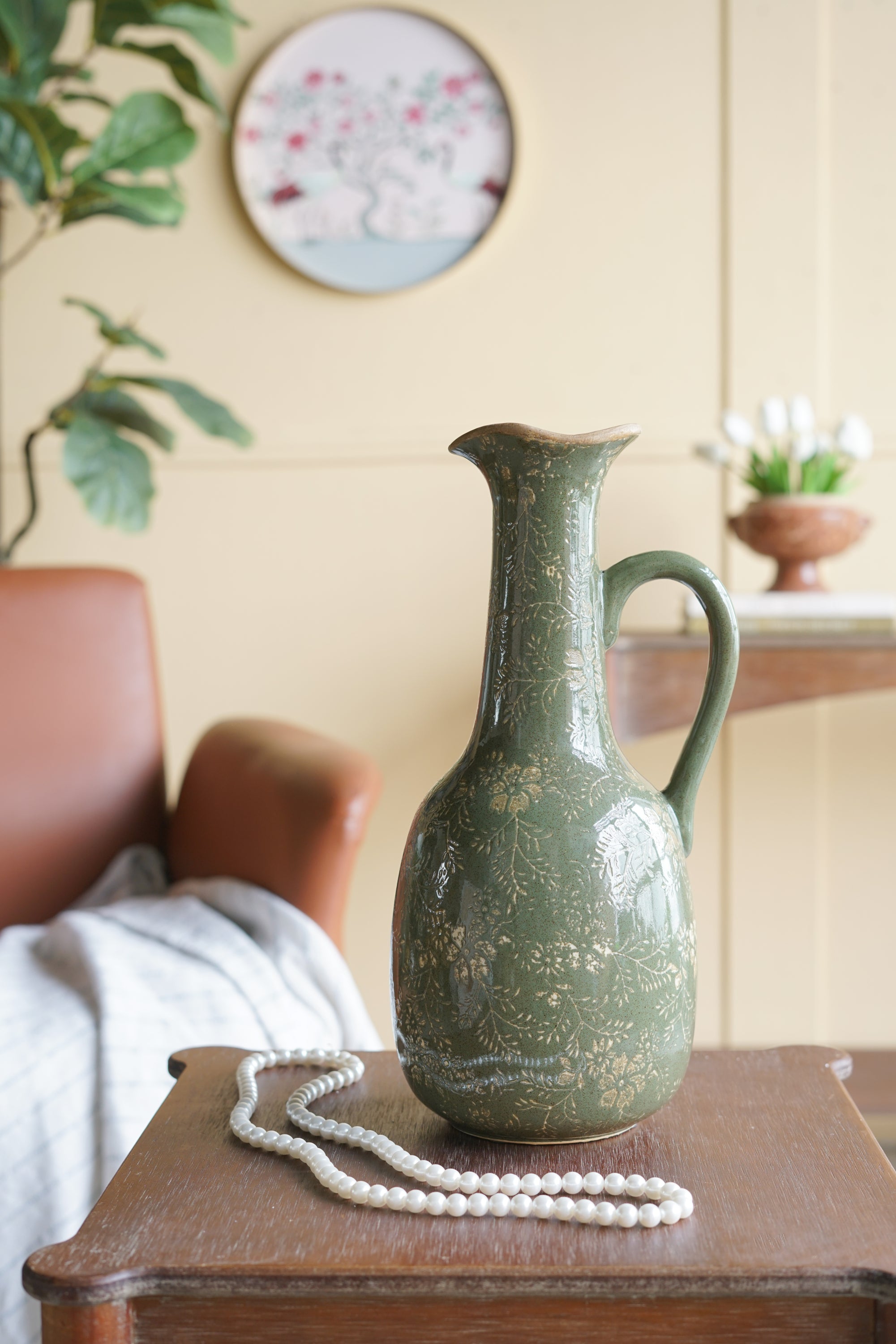 7.1x6.1x14.2' Ceramic Pitcher Vase with Olive Green Finish and Floral Motifs