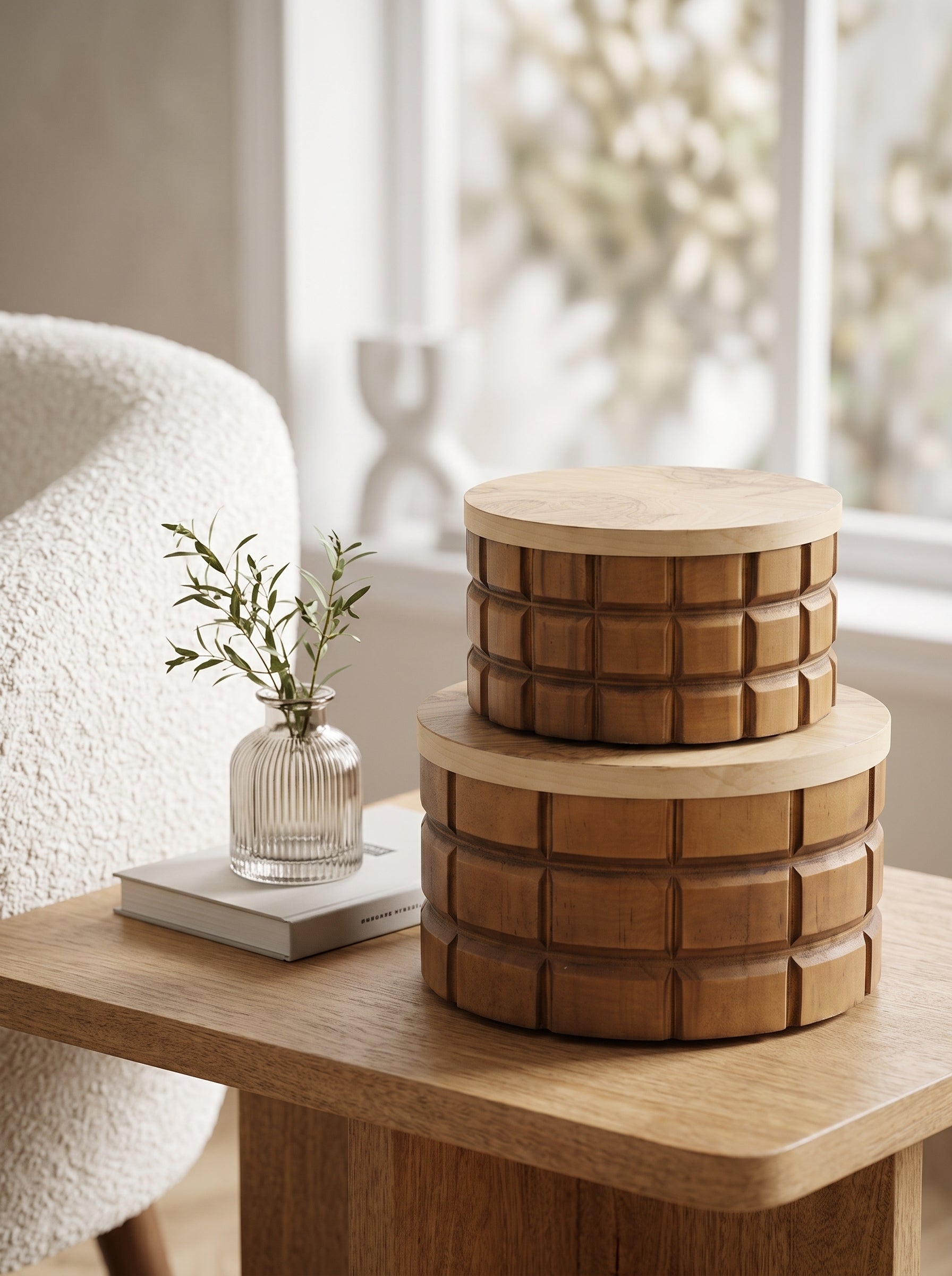 Set of 2 Textured Wood Box, L:9.5x9.5x5.5'  S:8x8x4.5'