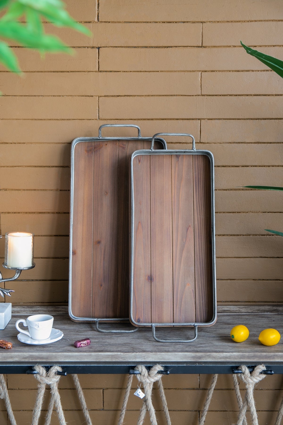 S/2 Rustic Jarvis Decorative Wood Tray, L:26x12.5x4'  S:24.5x10.5x4'