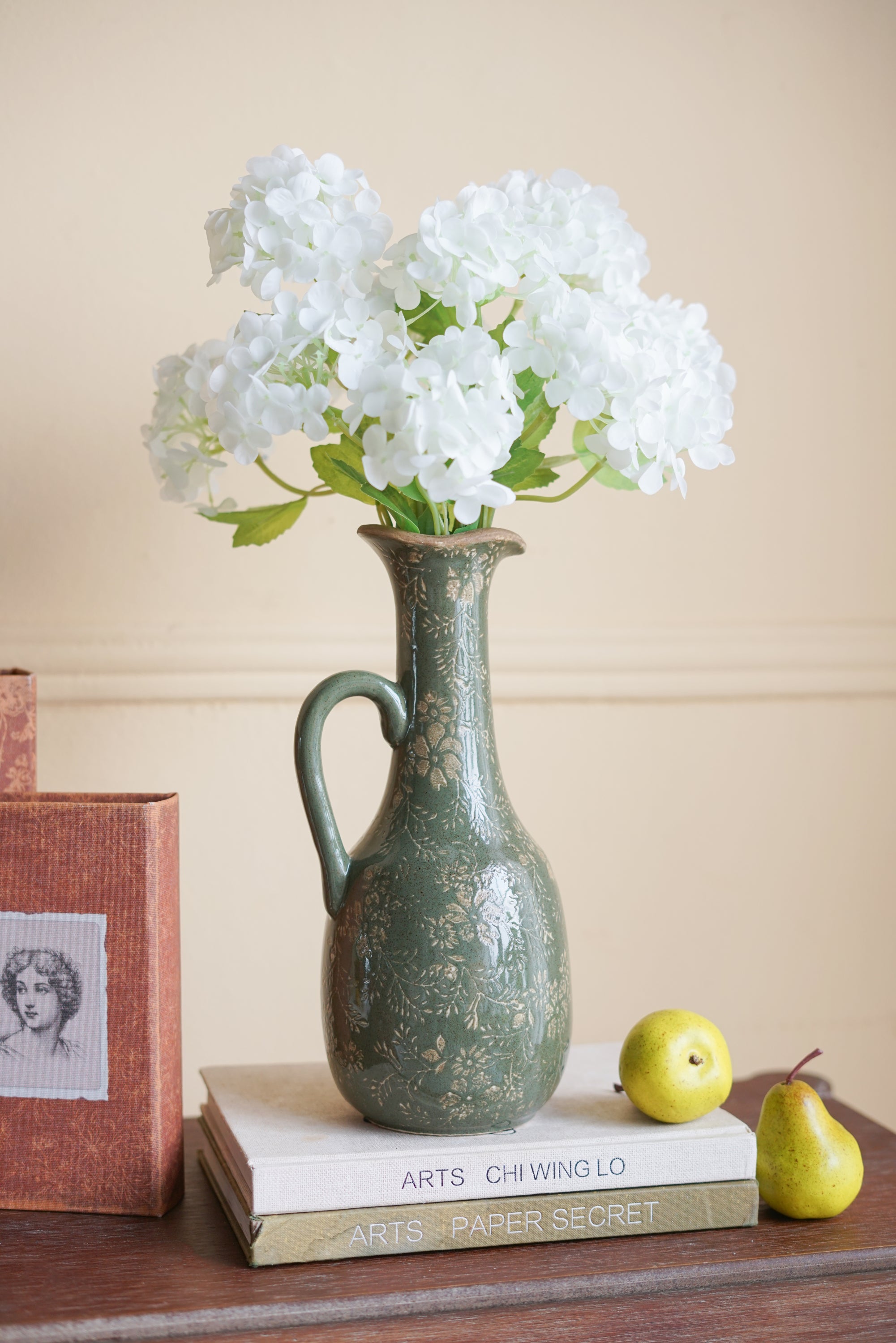 5.9x5.1x12.2' Ceramic Pitcher Vase with Olive Green Finish and Floral Motifs
