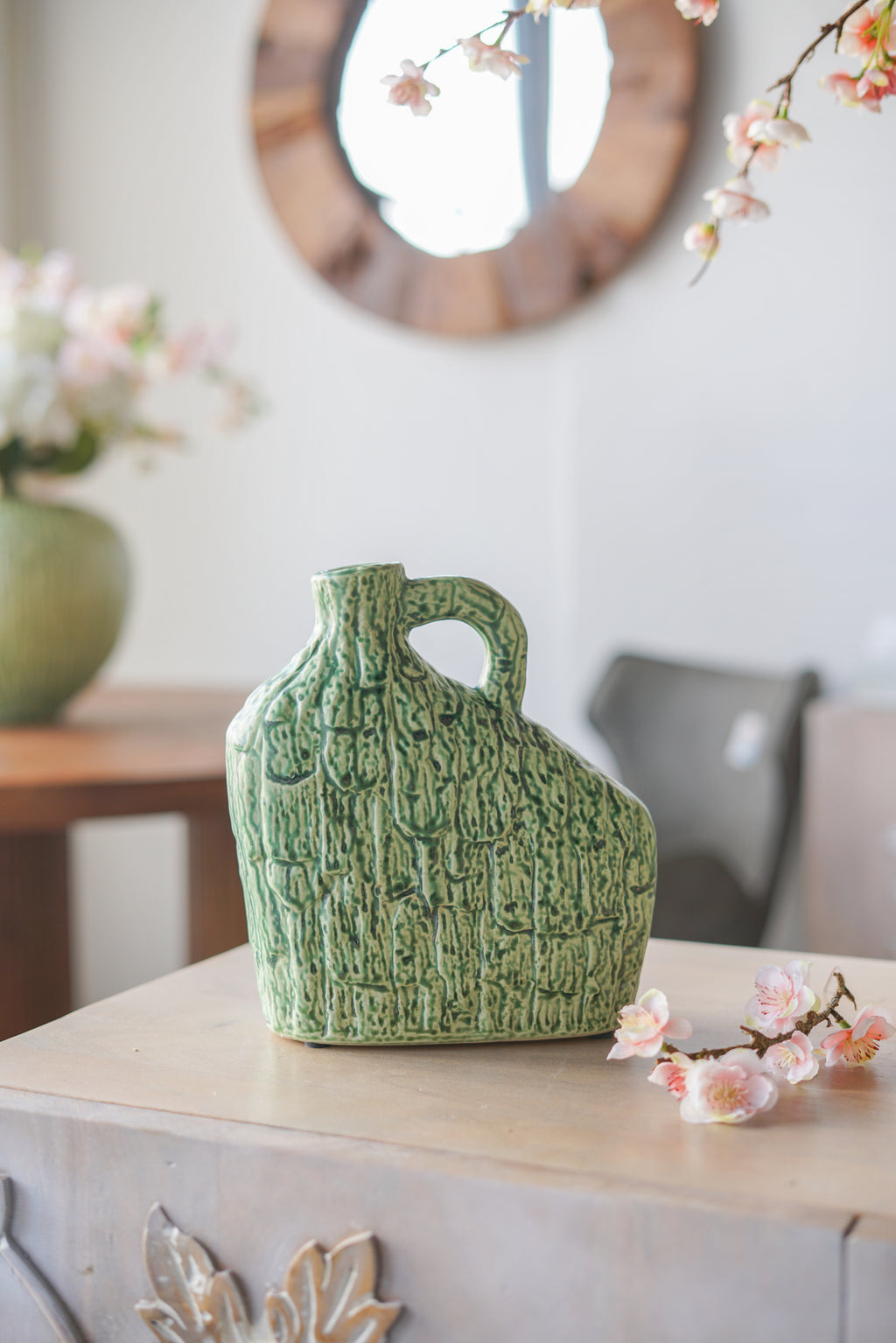 8.1x3.1x8.3' Asymmetrical Green Ceramic Vase with Handle and Organic Texture