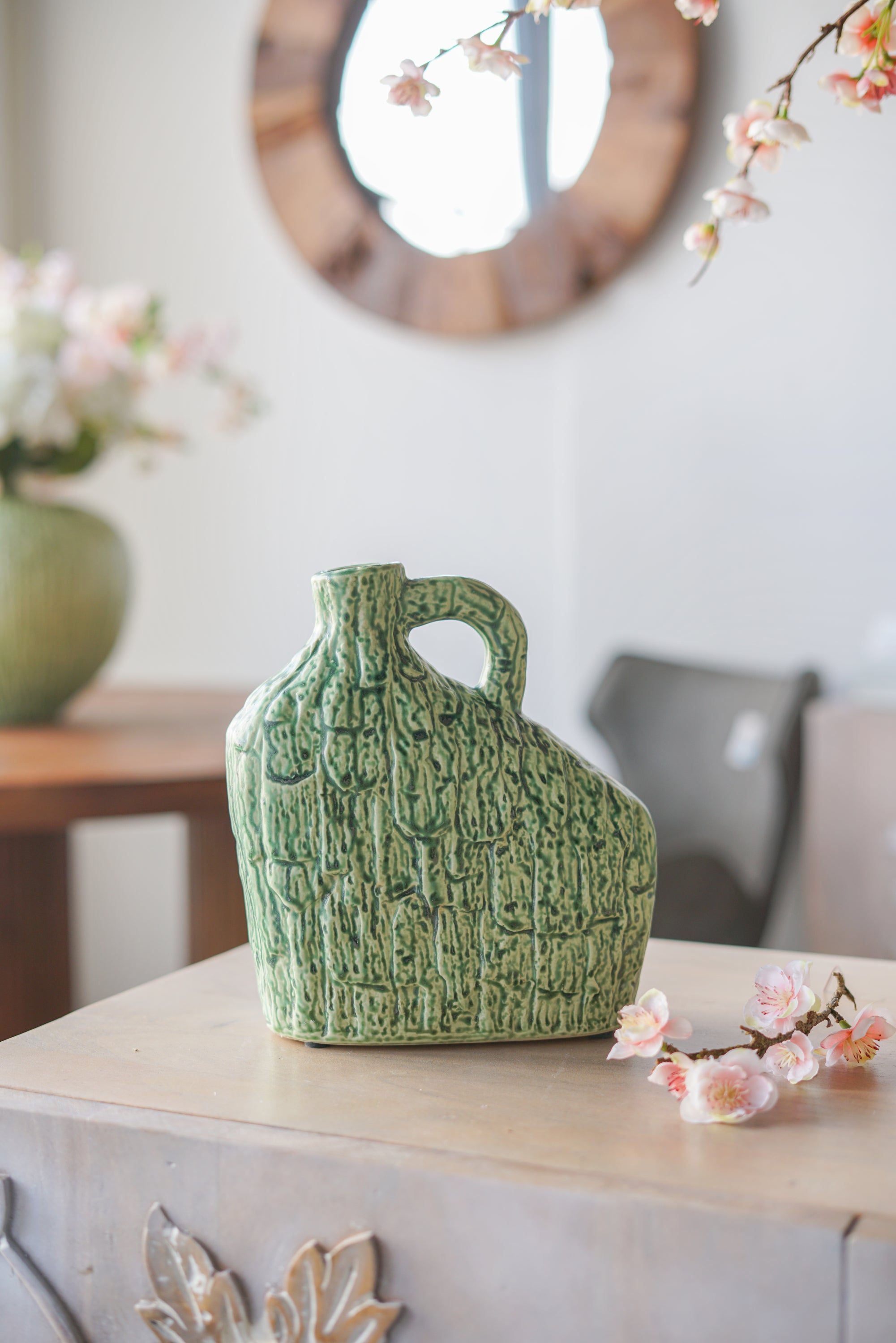 8.1x3.1x8.3' Asymmetrical Green Ceramic Vase with Handle and Organic Texture