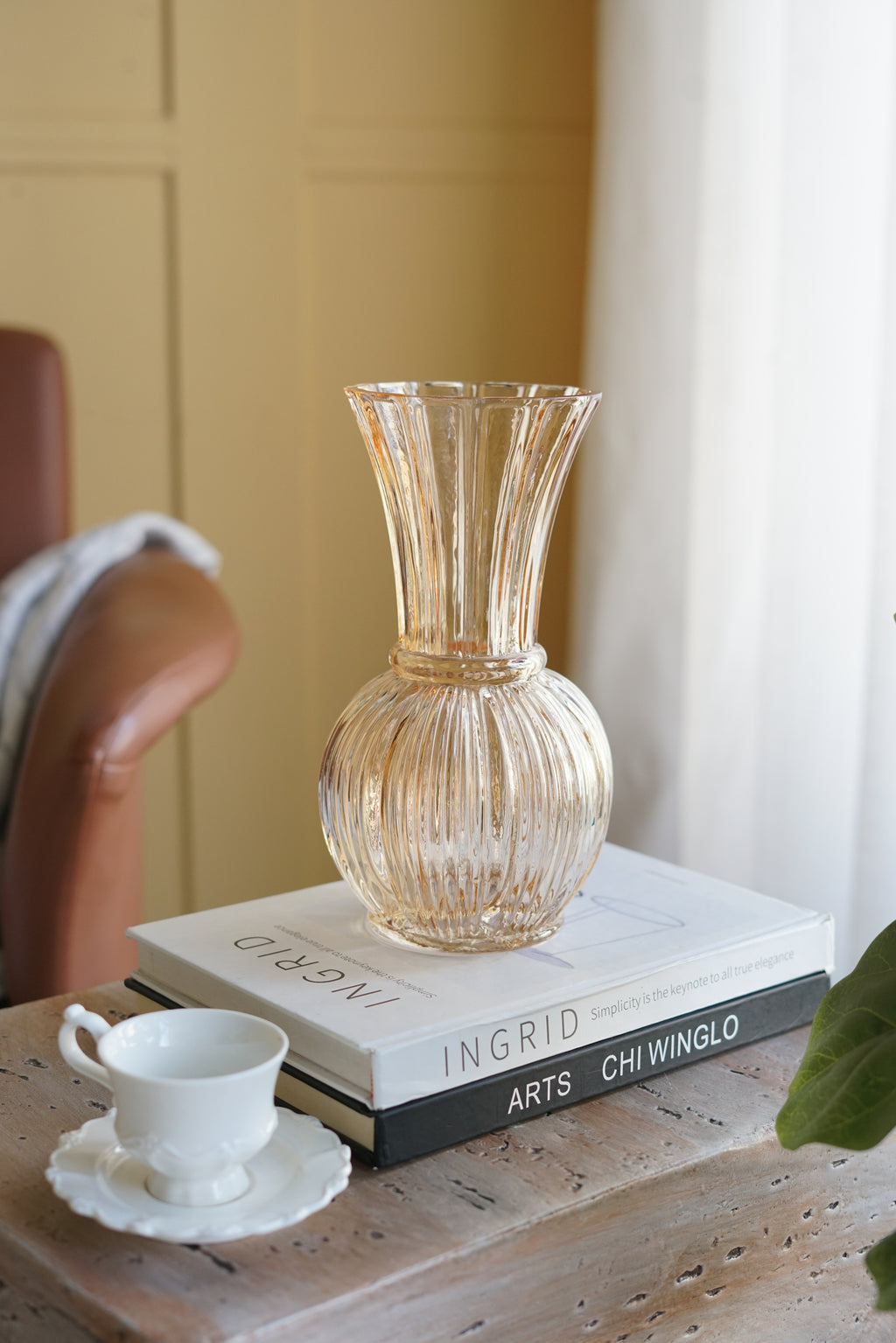 D5.1x9.4'H Amber Glass Accent Vase with Ribbed Texture and Flared Neck
