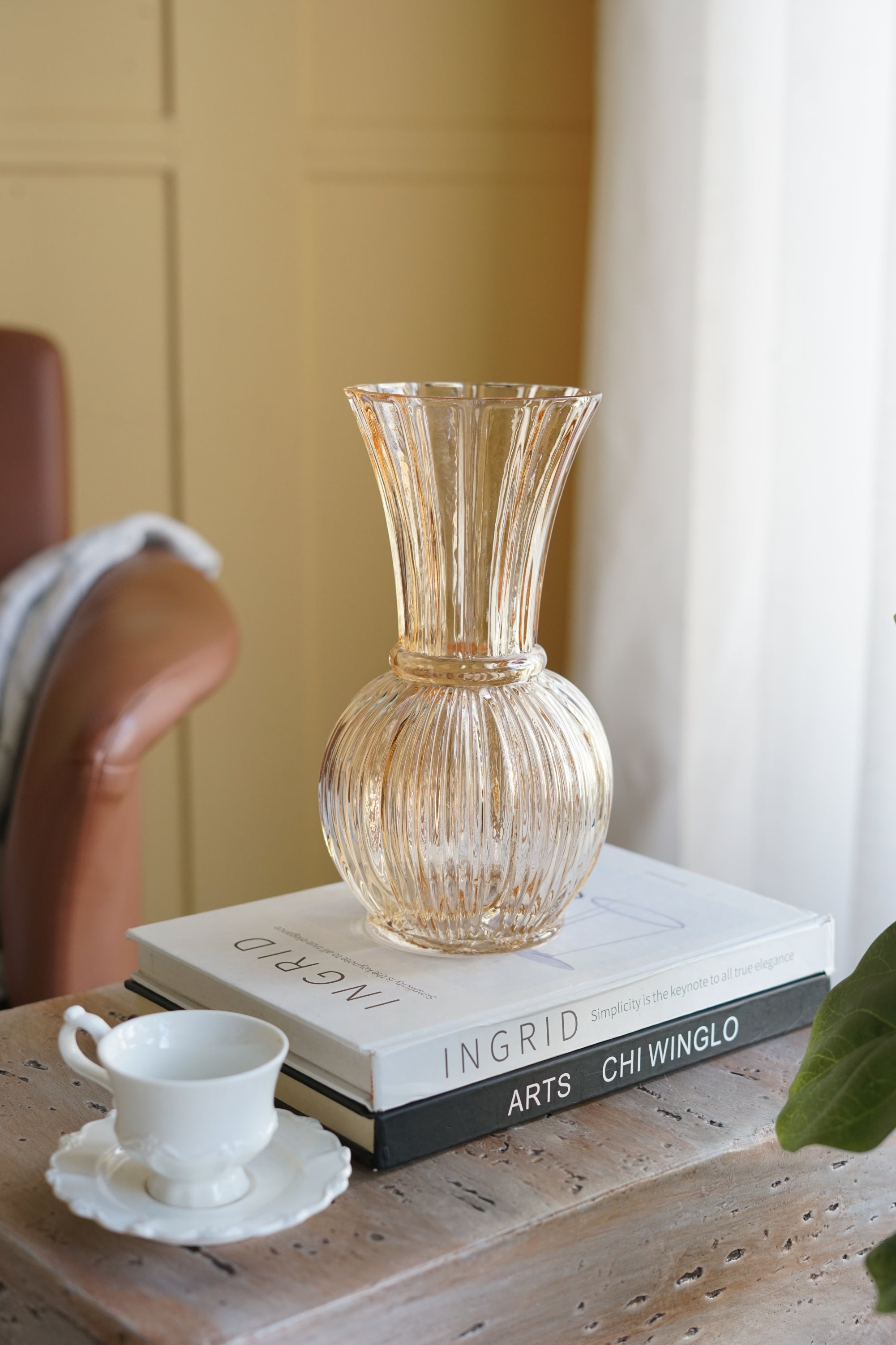 D5.1x9.4'H Amber Glass Accent Vase with Ribbed Texture and Flared Neck
