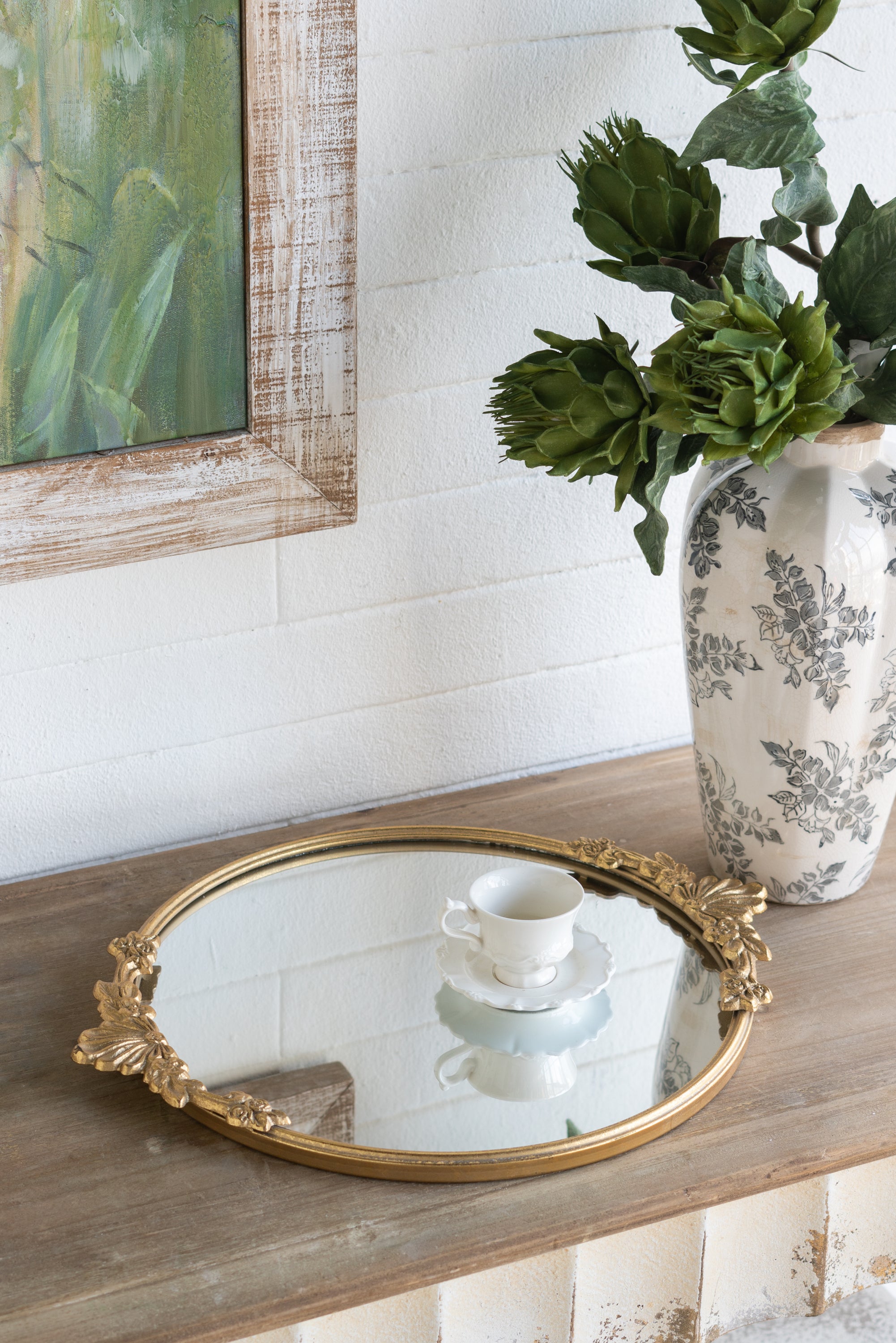 19.1x15.8x1' Round Mirror Tray with Gold Iron Frame and Intricate Floral Accents