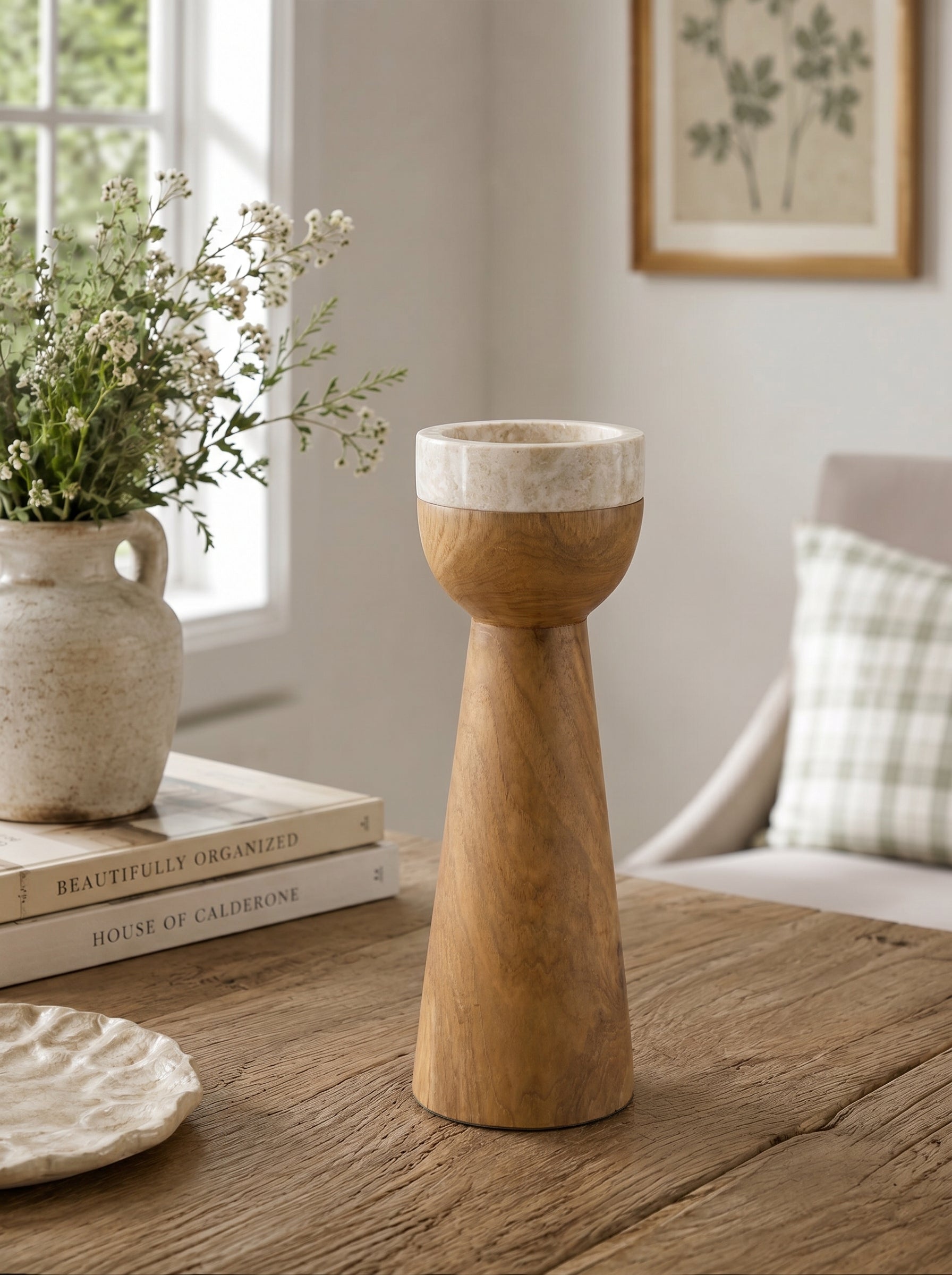 3.9x3.9x13.8' Teak Wood and Marble Tapered Candle Holder